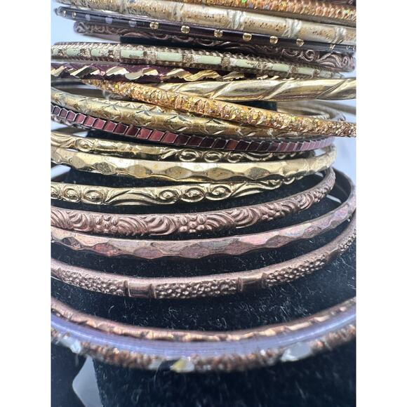 31 Boho Chic mixed metal gold & brown colored stack bangle bracelets, J-01-68 - Picture 11 of 13